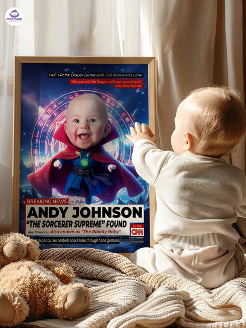 Custom Baby News Poster, Funny Baby Wizard Wall Art, Personalized Superhero Nursery Print, Newborn Keepsake Gift, Baby Shower Decoration